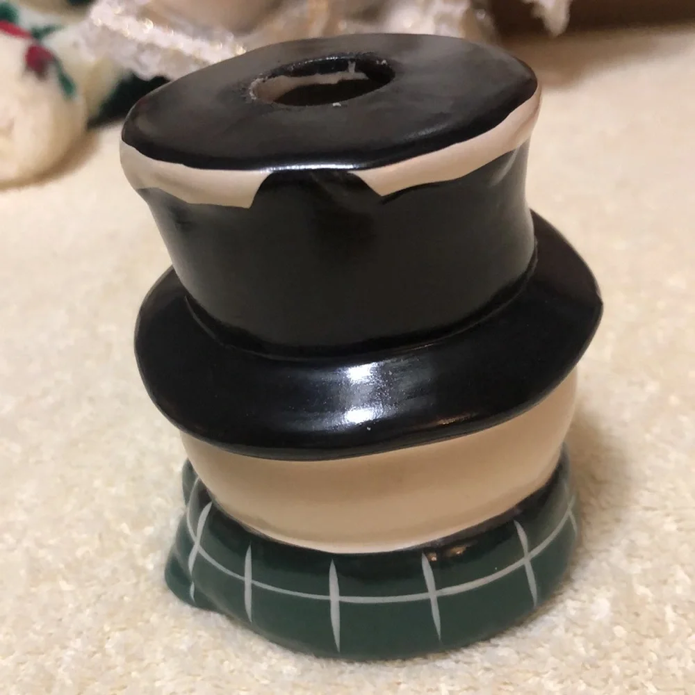 Snowman Head Ceramic Candle Holder - Top hat with Holly - 3.75”x3.25”